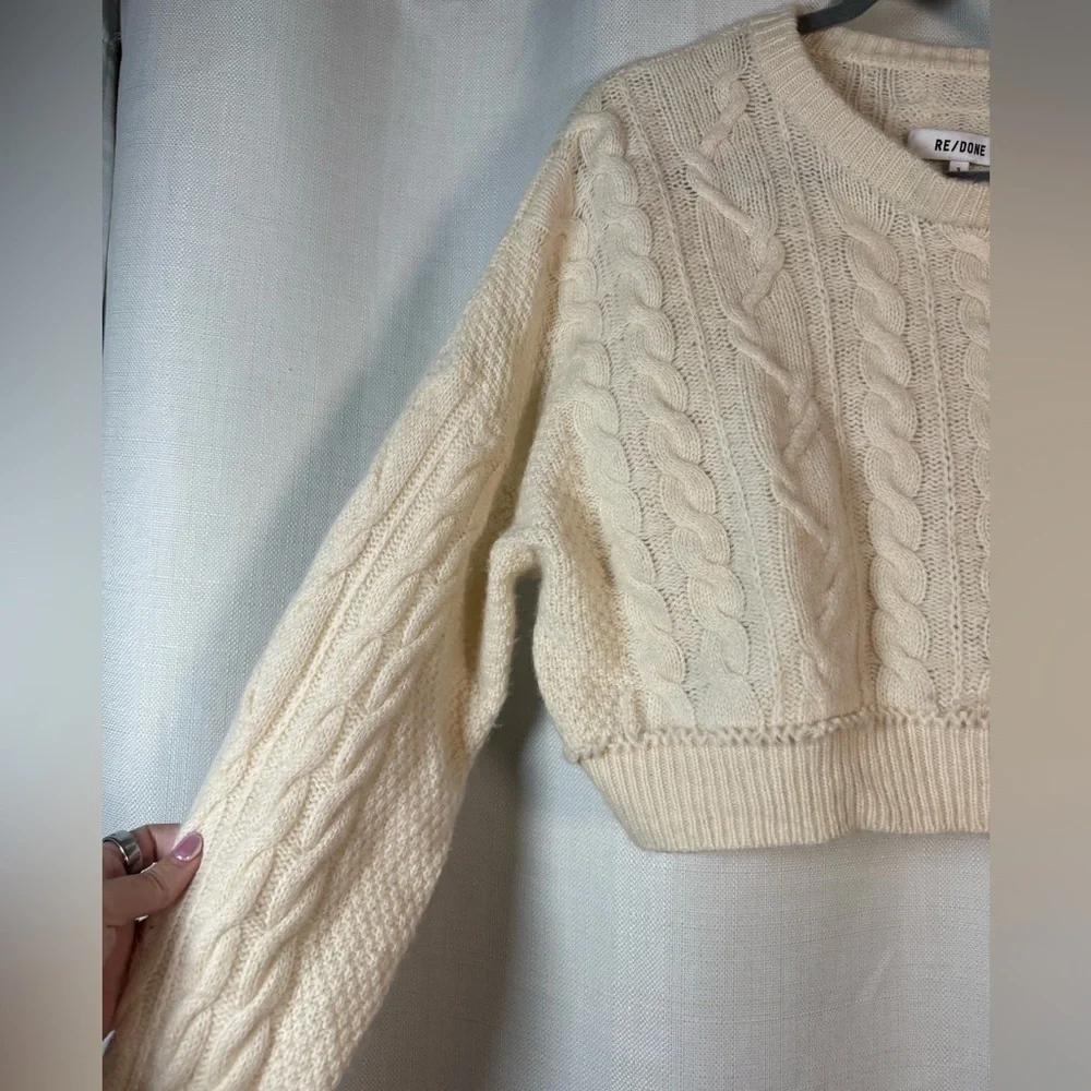 Re/Done Ivory White Cable Knit Cropped Sweater Size Small